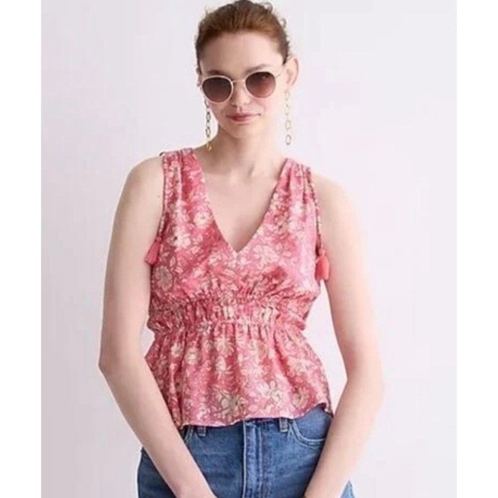 J Crew Blouse Voile Floral Top Sleeveless Summer Pink Tassel Office Size XS